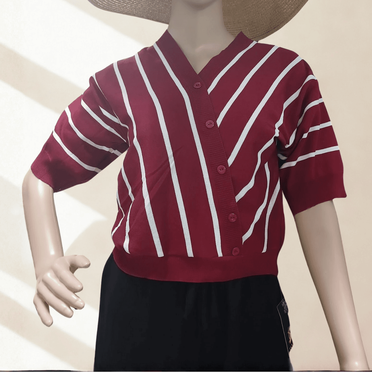 Women’s Striped Button-Down Knit Top – V-Neck Short Sleeve Casual Blouse