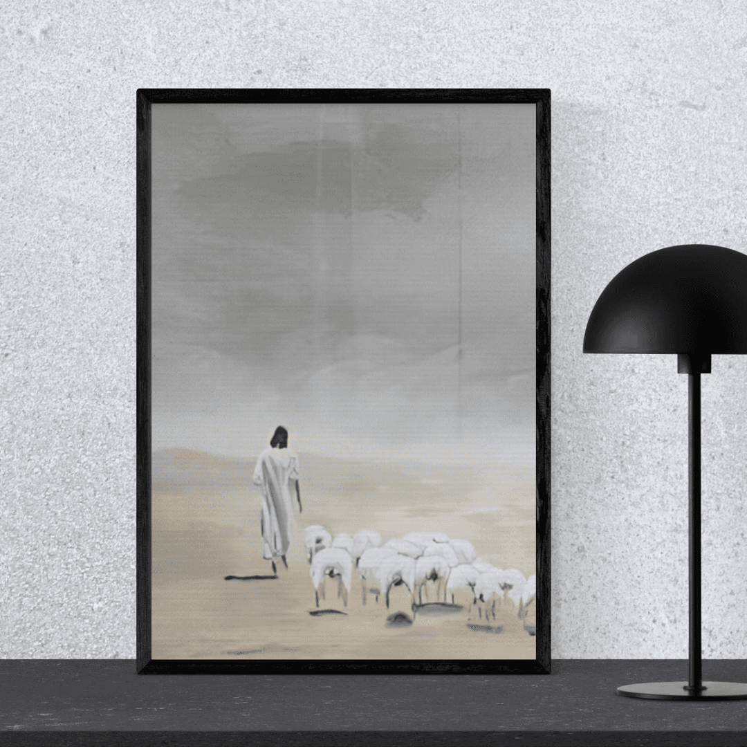 Jesus with Flock - Framed Canvas - Vertical