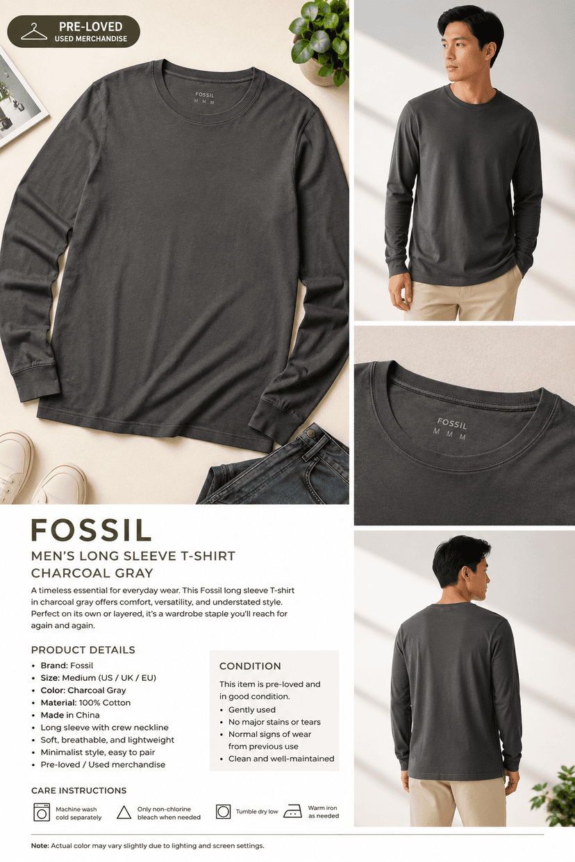 Fossil Men’s Long Sleeve Essential Cotton Shirt – Charcoal Gray (Pre-Loved)