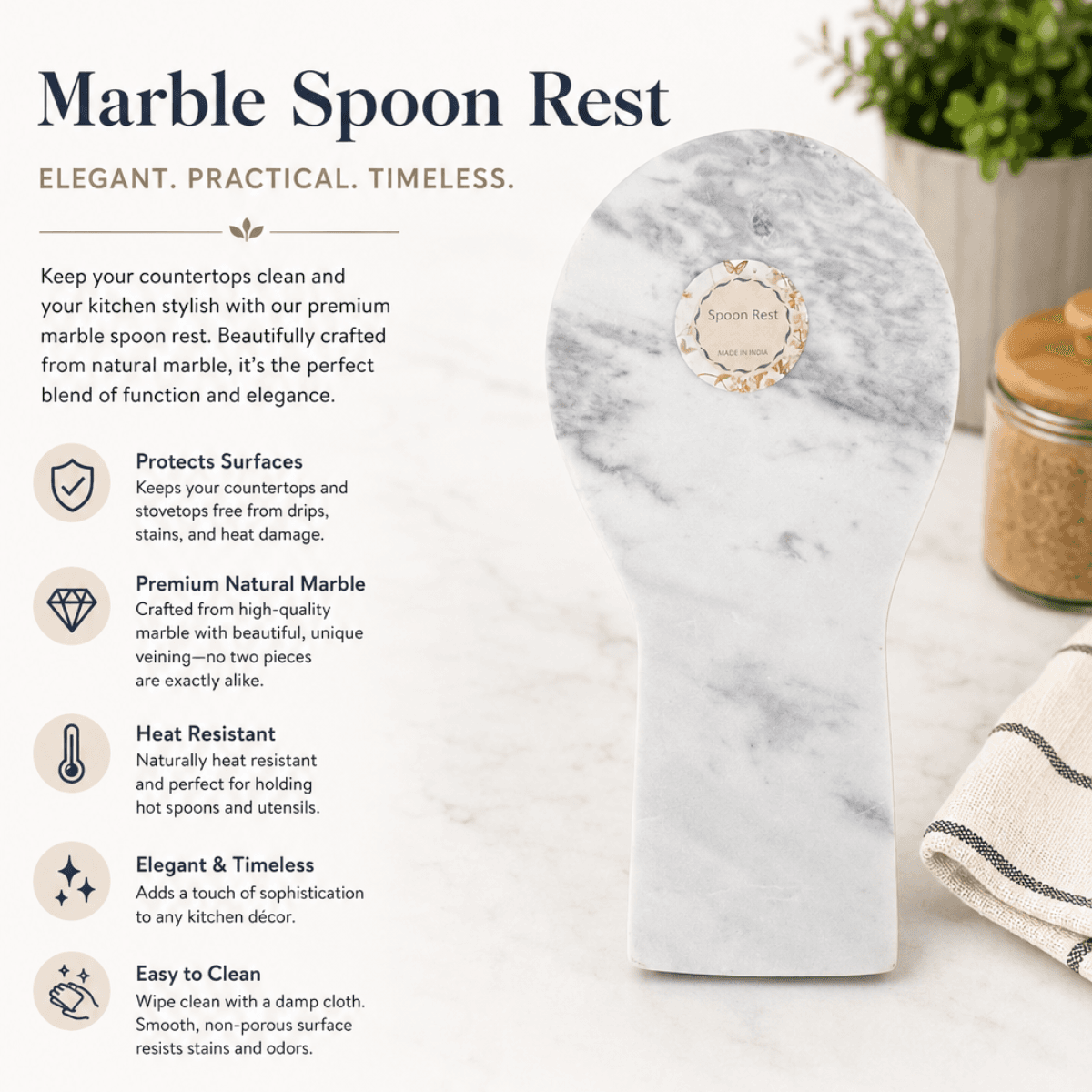 Natural Marble Spoon Rest – Elegant Kitchen Countertop Utensil Holder