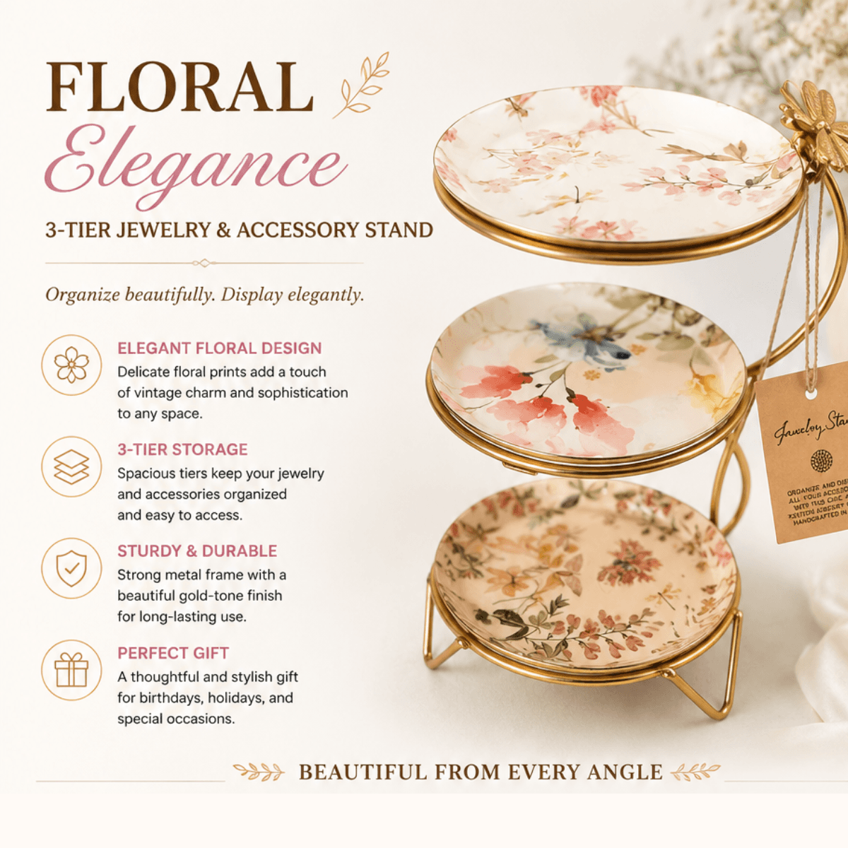 Floral Elegance 3-Tier Jewelry & Accessory Stand with Dragonfly Accent