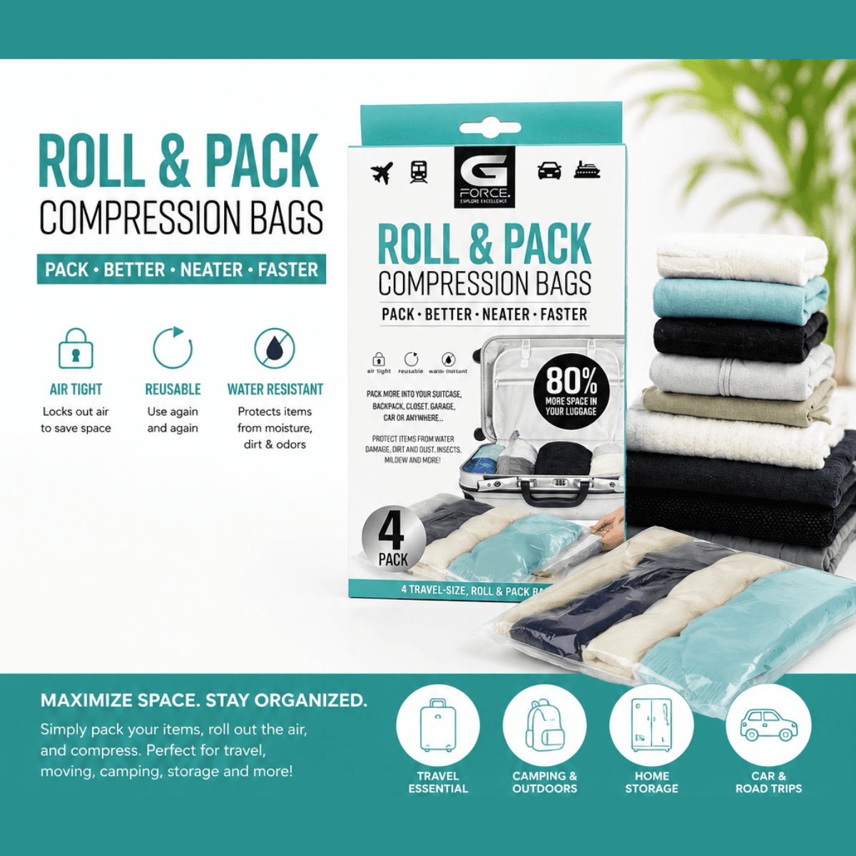 G Force Roll & Pack Compression Bags – 4 Pack Travel Storage Bags