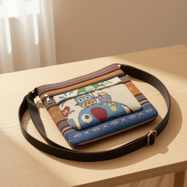 Woven Elephant & Two Owls Crossbody Bag