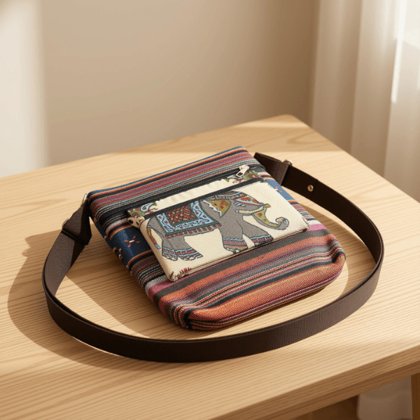 Woven Elephant Crossbody Bag with Front Zipper Pocket