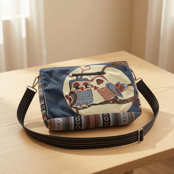 Woven Two Owls Crossbody Bag with Front Zipper