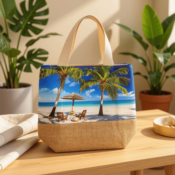 Tropical Print Woven HandBag with Comfortable Handles - Beach
