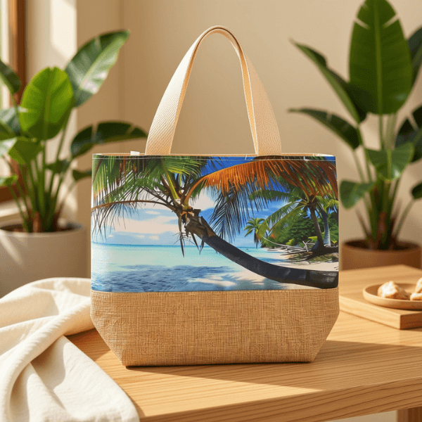 Tropical Print Woven HandBag with Comfortable Handles - Coconut Tree