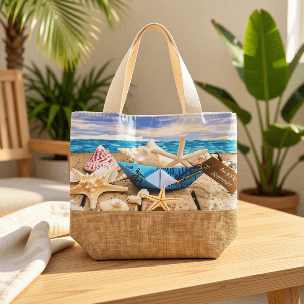 Tropical Print Woven HandBag with Comfortable Handles - Seashells