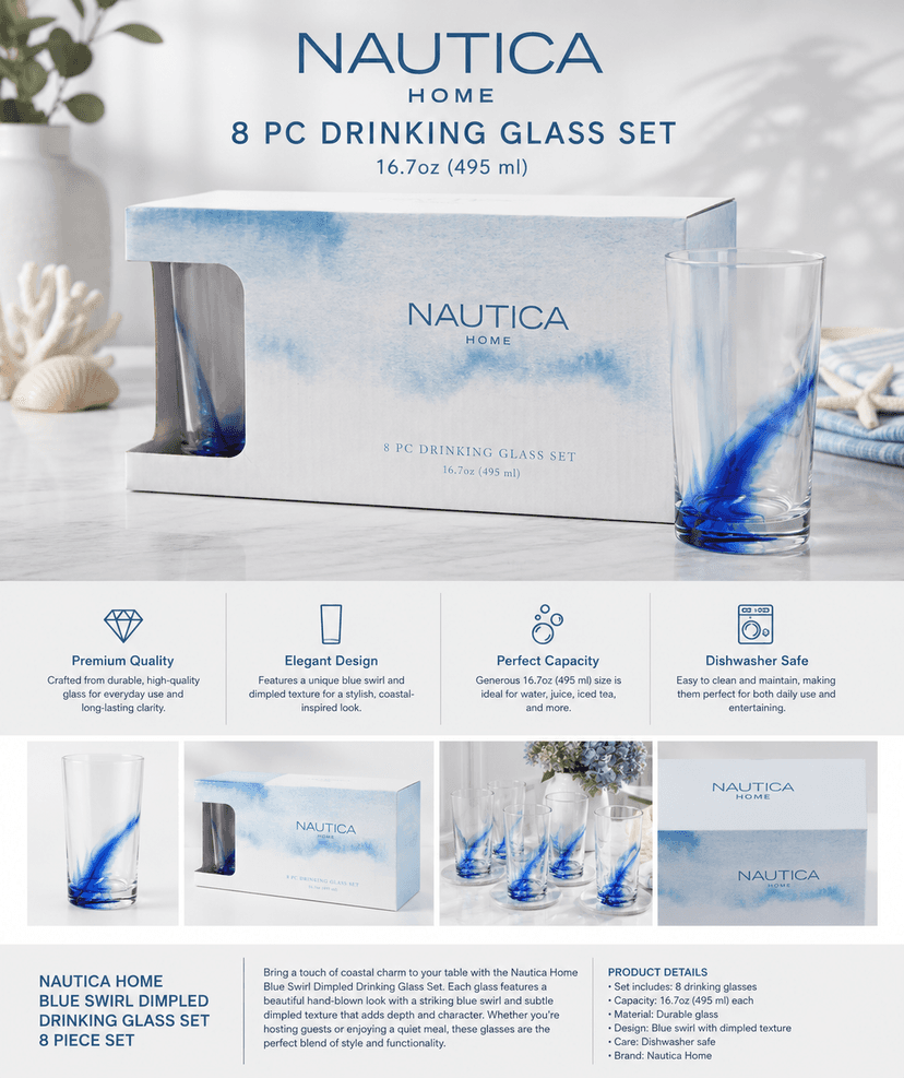 Nautica Home Blue Swirl Dimpled Drinking Glass Set