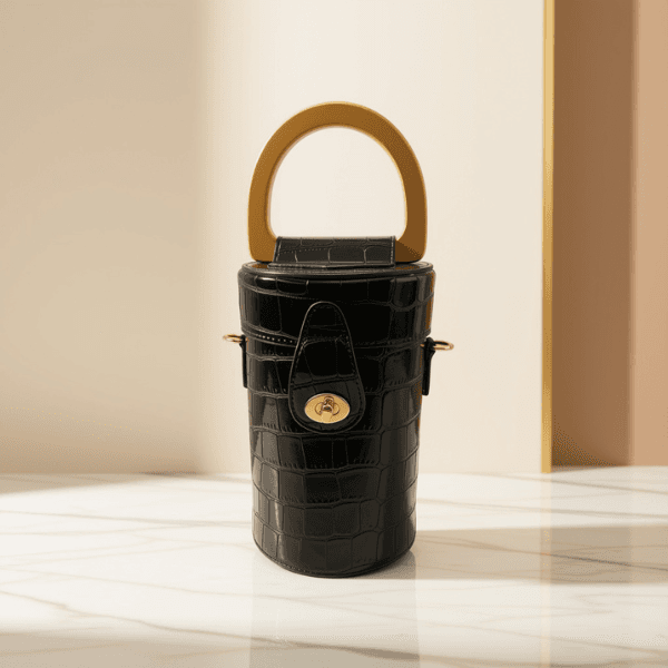 Faux Crocodile Bucket Bag with Wooden Handle – Black