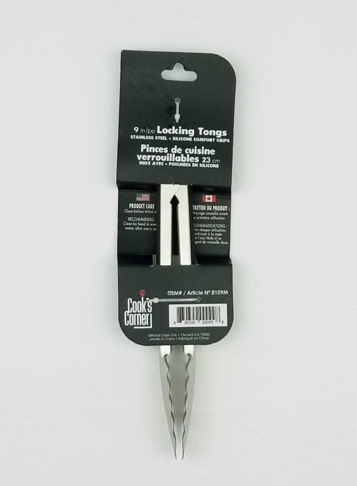 Cook's Corner Stainless Steel Locking Tongs W/Comfort Grip - 9"