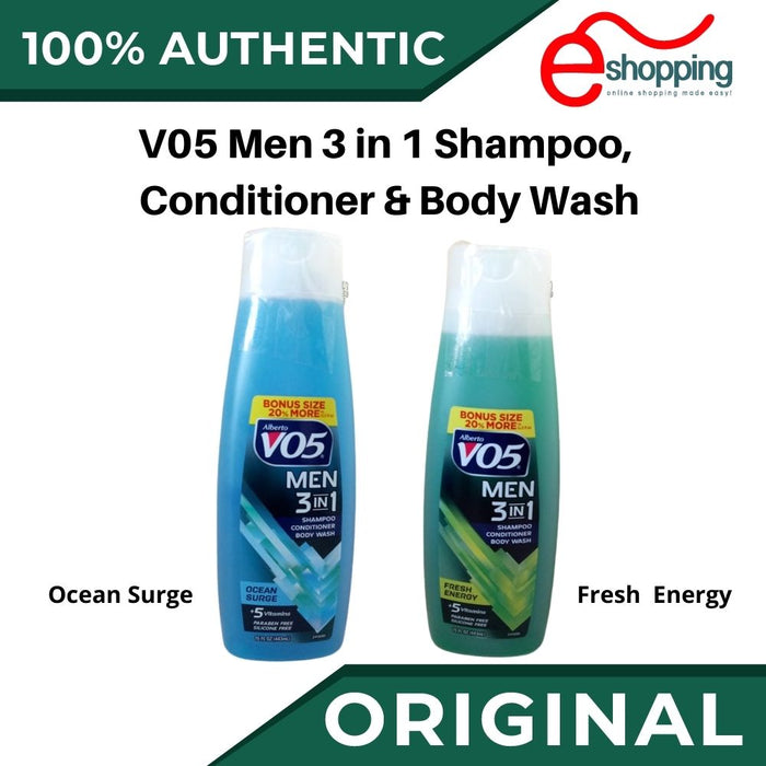 Alberto VO5 Mens 3-IN-1 Shampoo Conditioner and Body Wash - 12.5 Oz - Ocean Surge & Fresh Energy - 5 Essential Vitamins to Help Nourish and Hydrate Your Hair and Skin-