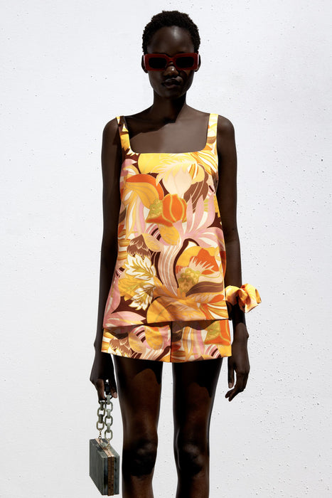 ZARA YELLOW PRINTED TOP WITH SCRUNCHIE