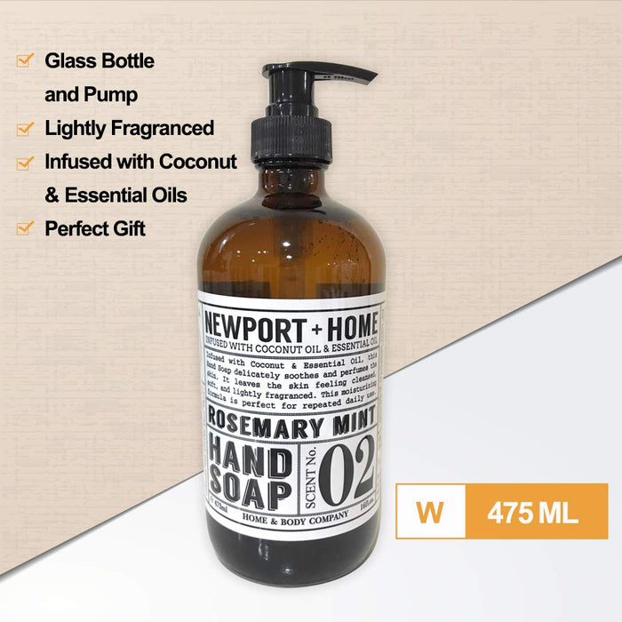 Newport + Home Hand Soap, Rosemary Mint 16 oz 473ml, Infused w/Coconut Oil & Essential Oil by Home and Body Co