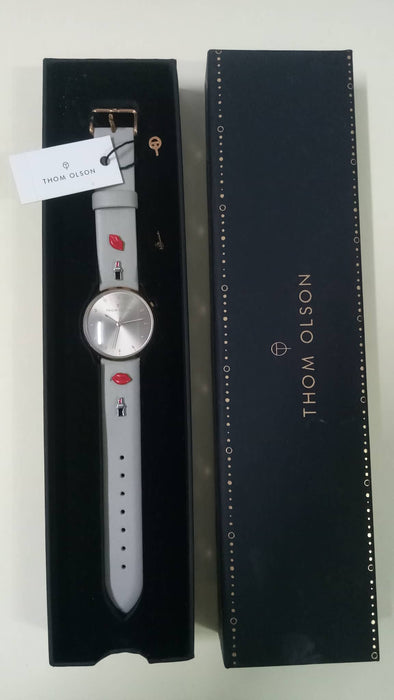 Thom Olson Women's Gray Leather Strap Watch 40mm With Removable Charms