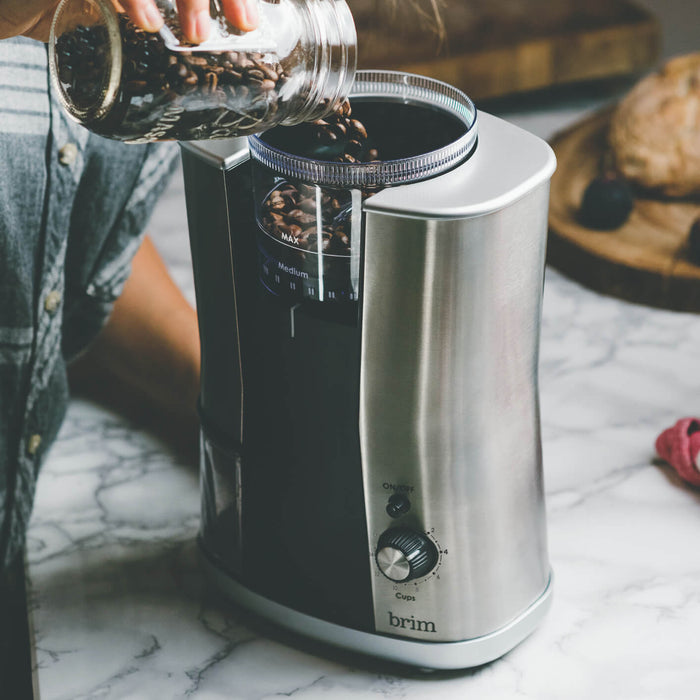 Brim Conical Burr Coffee Grinder, Uniformly Grinds Beans for 1-17 Cups of Coffee, Features Removable Bean Container, 17 Precise Grind Size Settings, and Convenient Auto Shut Off, Stainless Steel/Black 120V /AC 60Hz  130W