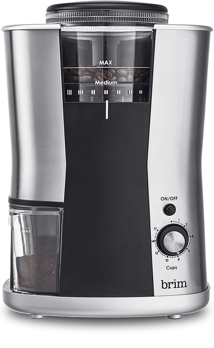 Brim Conical Burr Coffee Grinder, Uniformly Grinds Beans for 1-17 Cups of Coffee, Features Removable Bean Container, 17 Precise Grind Size Settings, and Convenient Auto Shut Off, Stainless Steel/Black 120V /AC 60Hz  130W