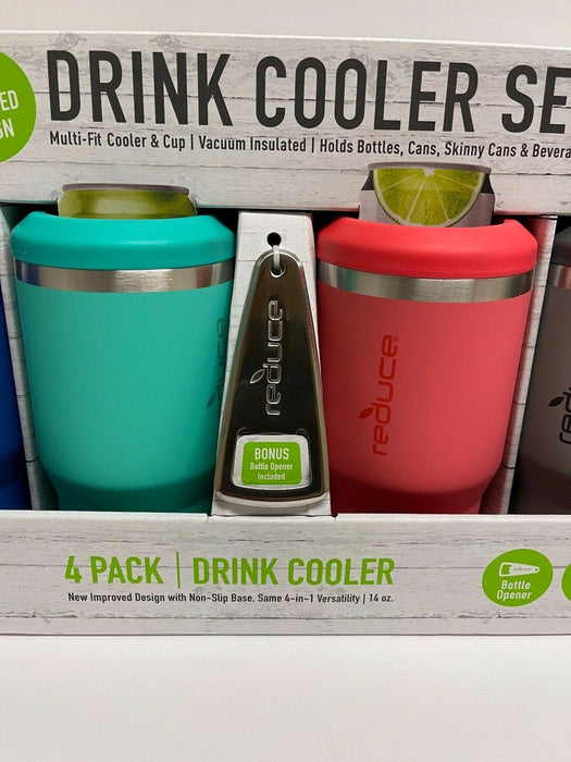REDUCE 4-in-1 Stainless Steel Bottle and Can Insulator – Keeps Bottles, Cans, Skinny Cans and Mixed Drinks Cold – Sweat-Free, Perfect for Outdoor Drinking - 4pk - Blue, Green, Pink & Gray