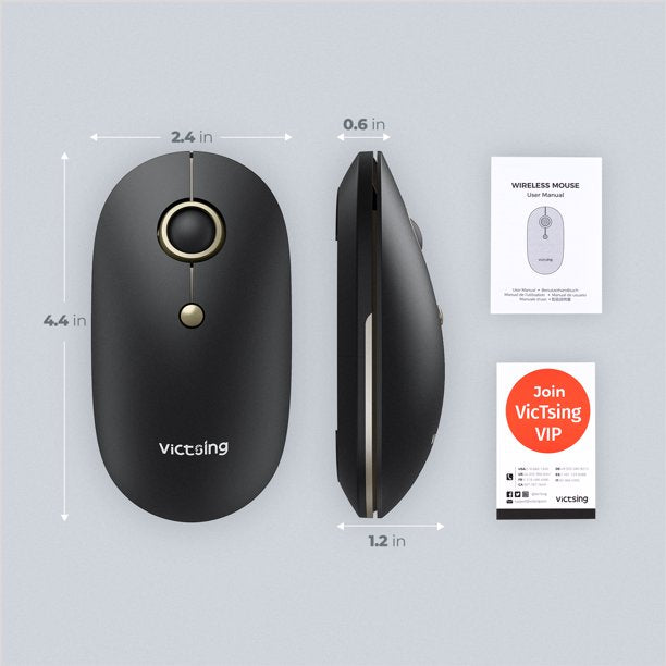 VictSing 2.4G Slim Wireless Mouse – Silent, Noiseless Computer Mouse with Quiet Click, Mini Optical Portable Travel Cordless Mice with 5 Level Adjustable DPI Black Gold